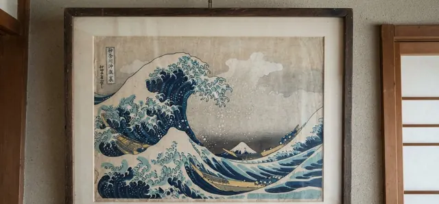 A framed Hokusai woodblock print of a great wave